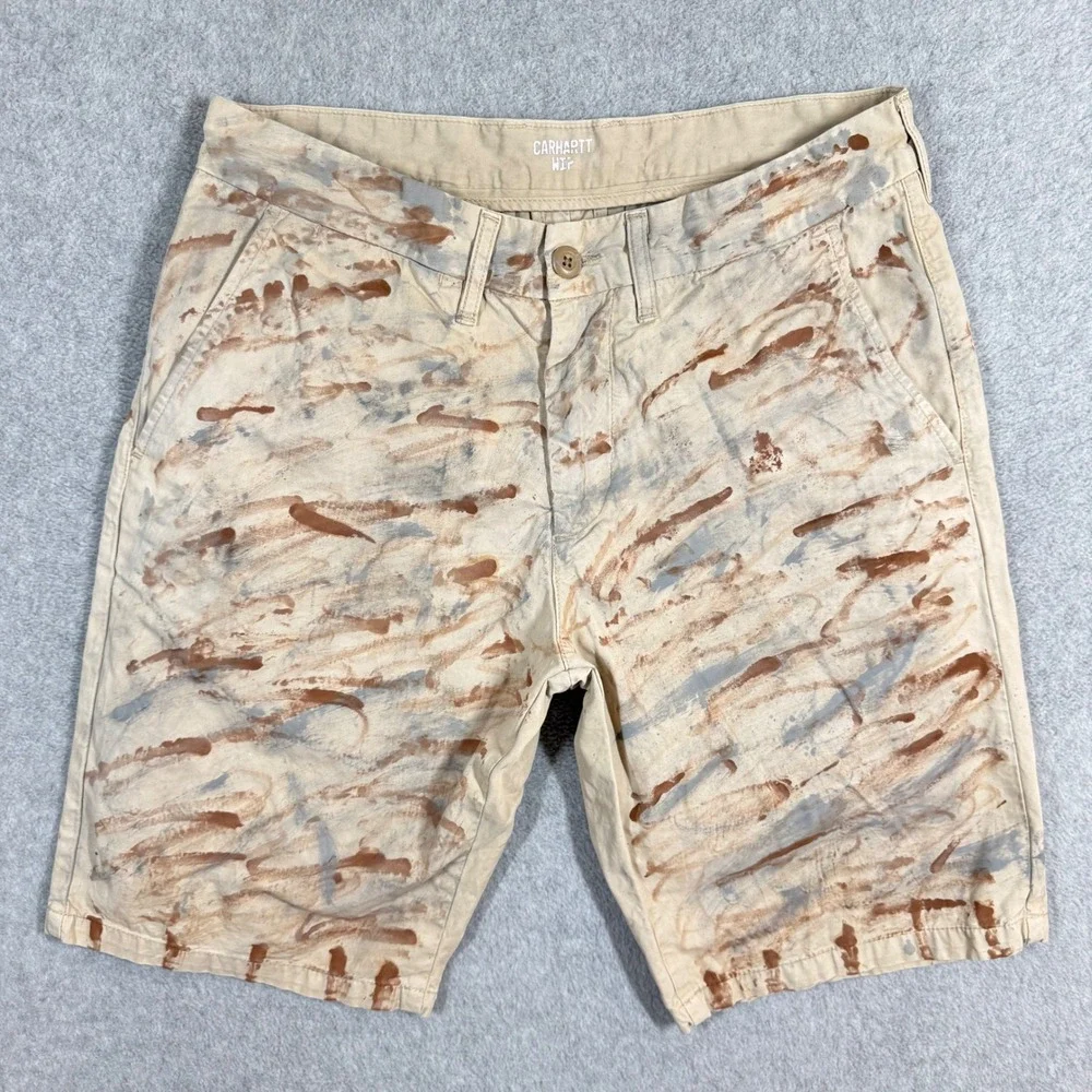 Carhartt WIP Johnson Short Mens 31 Tan Painted Camo Distressed Chino Shorts